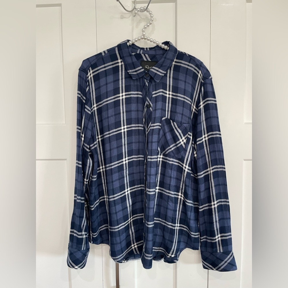 Rails Hunter Plaid Button Up Shirt Midnight White Navy Blue Silver Large